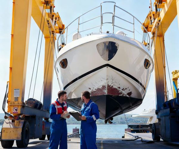 Refit yacht diagnostique 2 hommes en train d'analyser la coque d'un yacht
